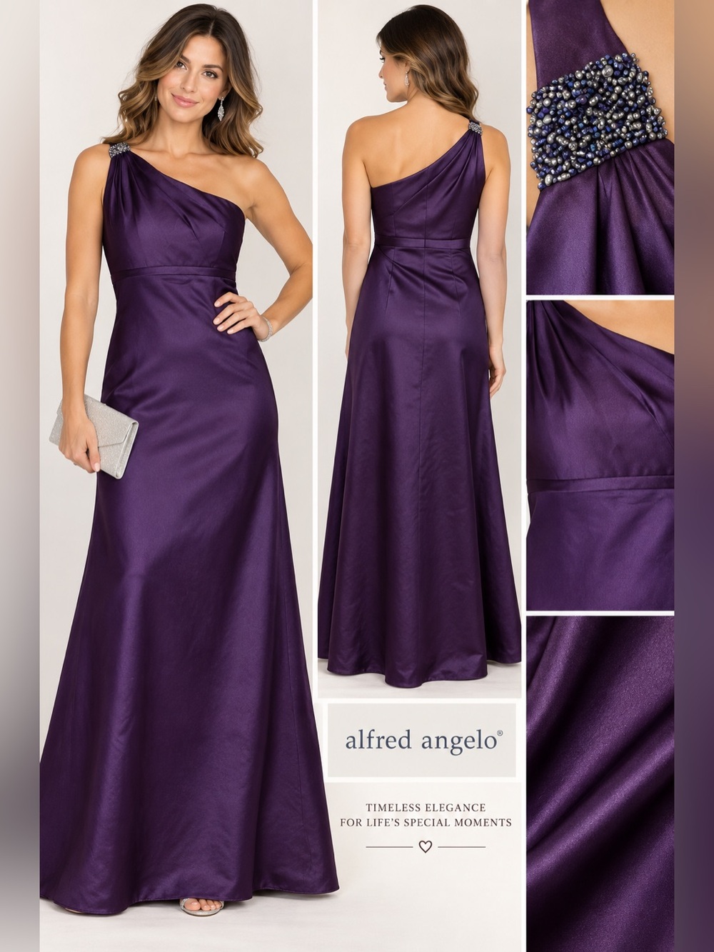 💜 Alfred Angelo Plum/Eggplant One-Shoulder Beaded Formal Gown – Size 4